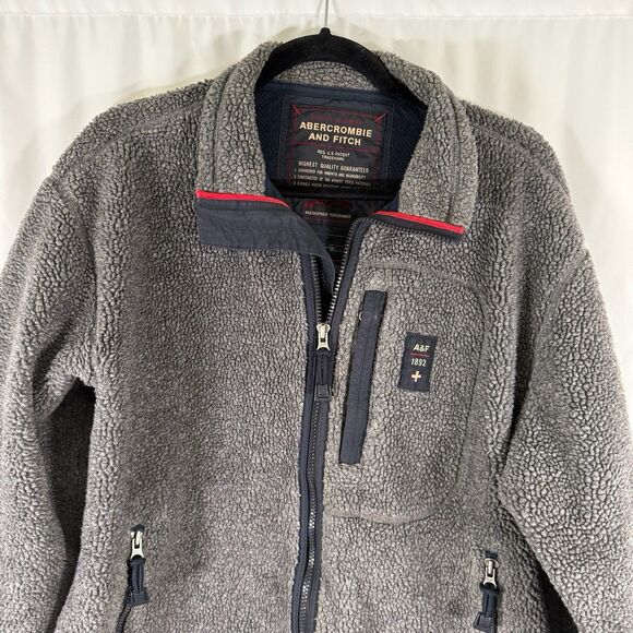 Vintage Abercrombie Fitch Jacket Men's Medium Grey Sherpa Zip Pockets Full Zip - Picture 2 of 12